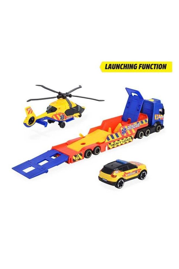 Rescue Transporter Truck Set 40cm Volvo FH16 with XC40 Rescue Car and Helicopter, Light and Sound,
