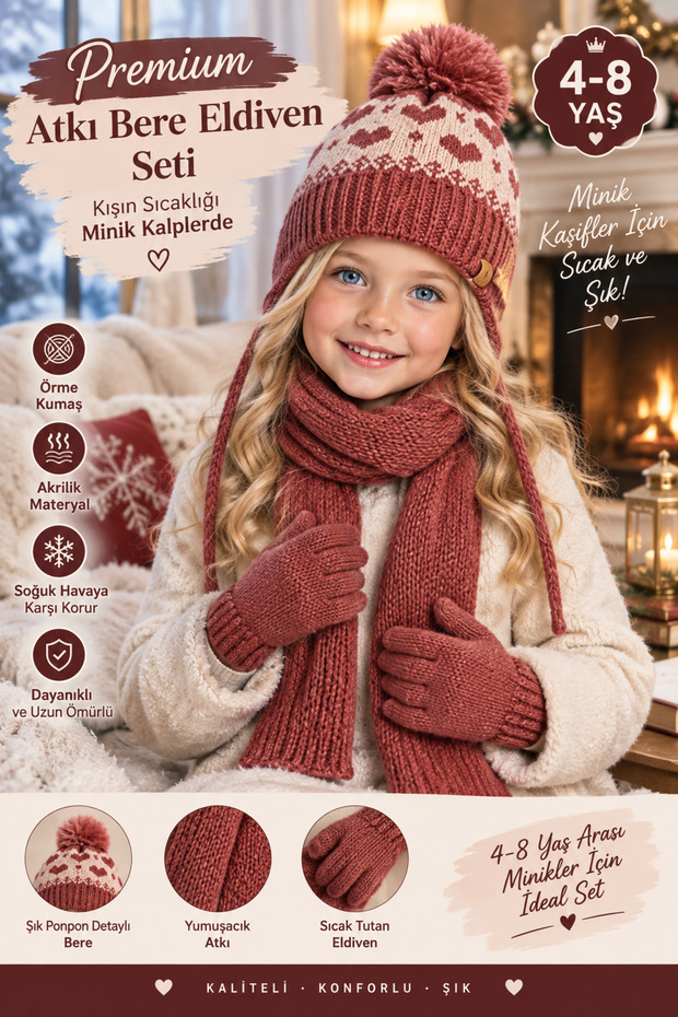 Lux 4-8 Years Old Children's 3-Piece Winter Set: Pompom Beanie, Scarf and Gloves Premium