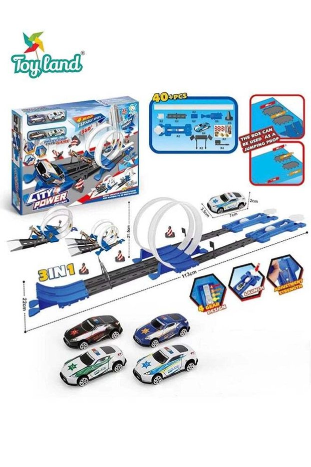 Toyland 3-in-1 Double Loop Racing Track Set, Adjustable Power Launcher with Metal Toy Cars ,40-Piec