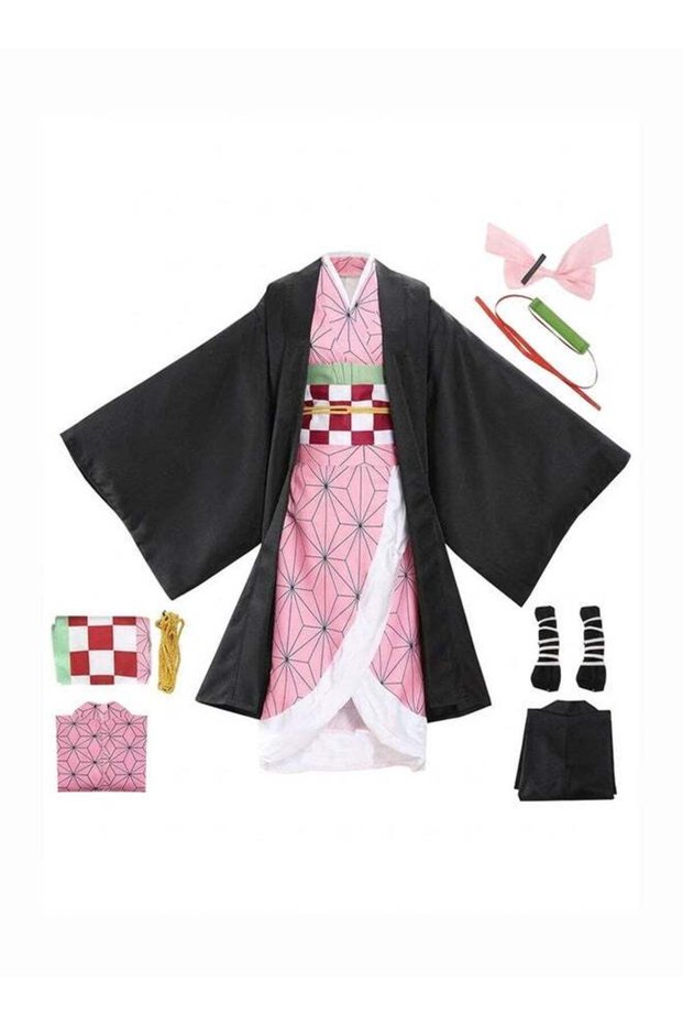 Kids Pink Kimono Anime Costume – Character-Inspired Robe Set With Black Outer Layer For Cosplay L