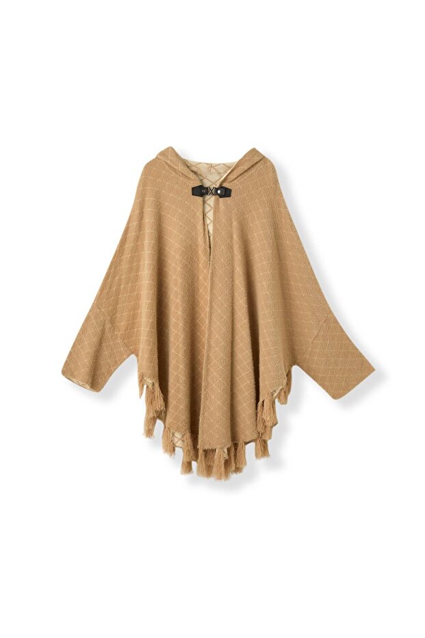 Women's Hooded Tasseled Knitwear Poncho - Stone