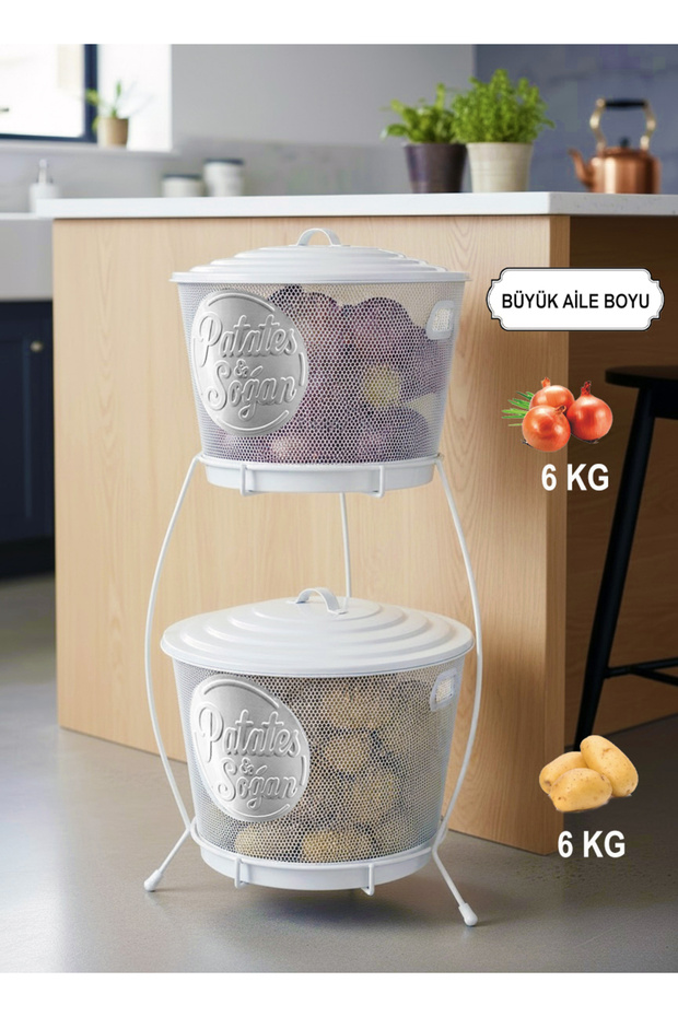 Mega Boy Wire Braided Metal 2-Layer Potato and Onion Storage Container - with Handle - White