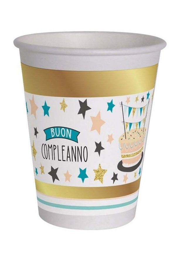 8 Compostable Paper Cups 255 ml “Buon Compleanno” Gold Birthday Theme – Eco-Friendly Party Cups