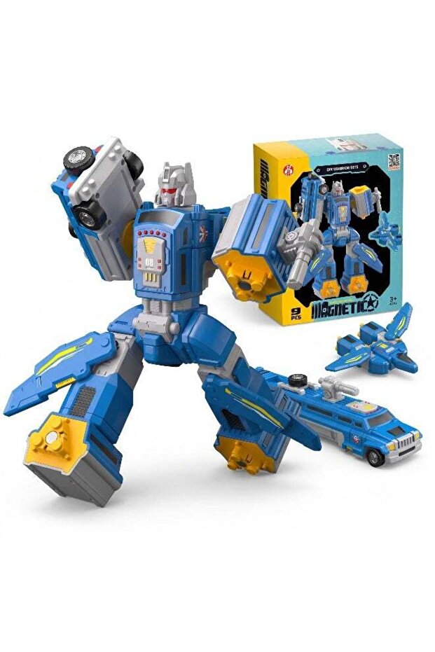 Magnetic DIY Robot Transformer – 9 Piece blue "Armor" Action Figure Playset – Convertible STEM Buil