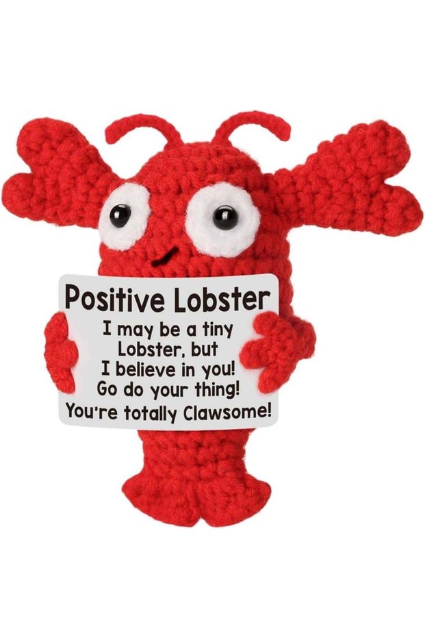 Happy Threads Positive Lobster Plush with Inspirational Message Card, Handmade Crochet Emotional Su