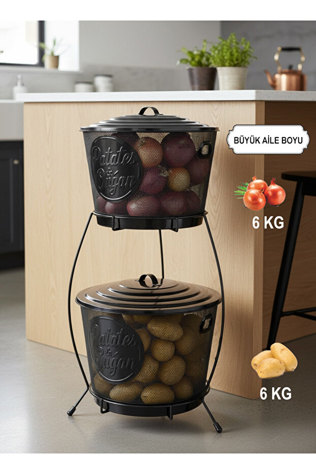 Mega Boy Wire Mesh Metal 2-Layer Potato and Onion Storage Container - with Handle - Black