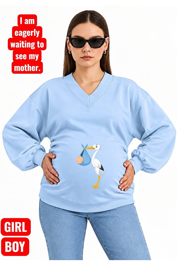 3 Yarn Combed Cotton Baby-Praying Stork Printed Pregnant V-Neck Sweatshirt Jw5