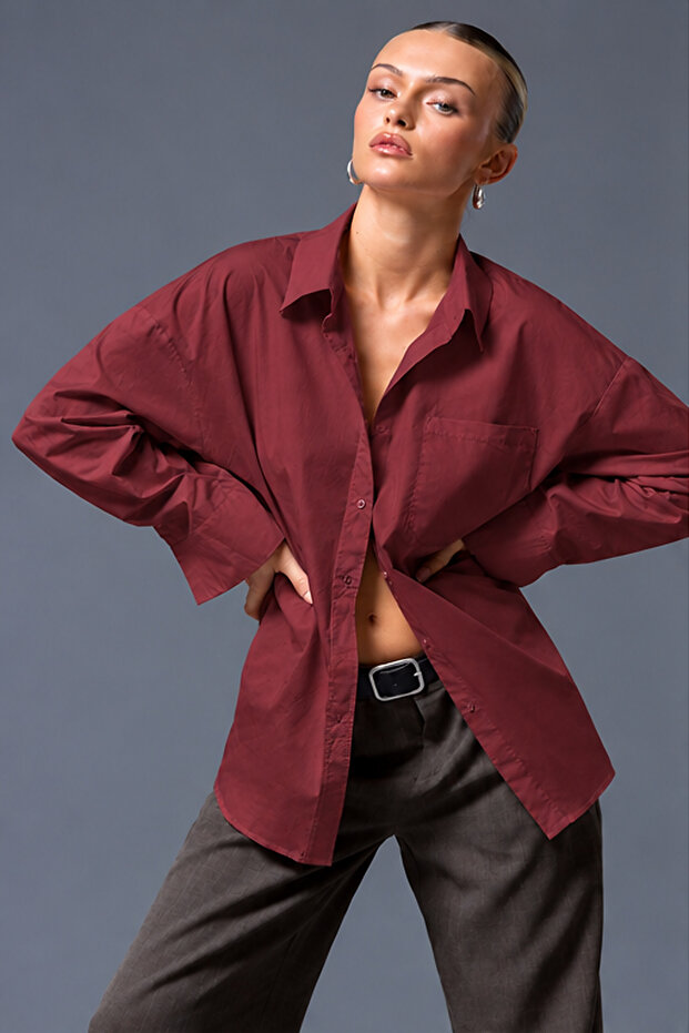 Women's Oversize Casual Poplin Shirt with Pockets