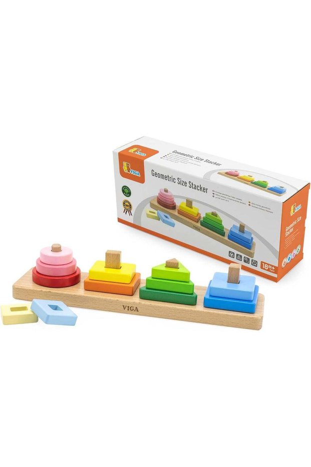 VIGA Wooden Geometric Size Stacker - Montessori Shape and Size Sorting Toy for Kids