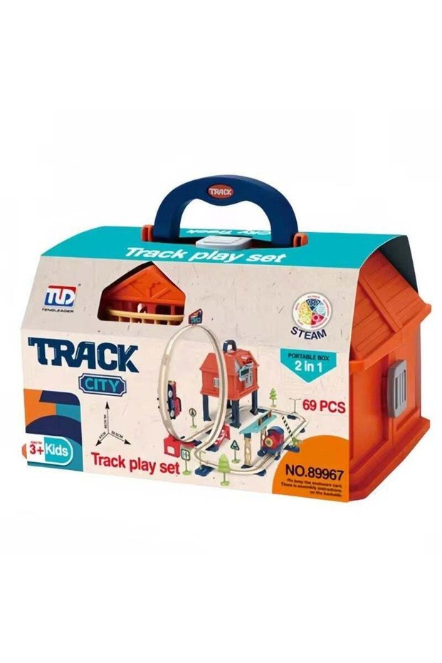 69 Pieces Electric Train Track Set Modern City Design, Railway City in a Suitcase, Battery Operated