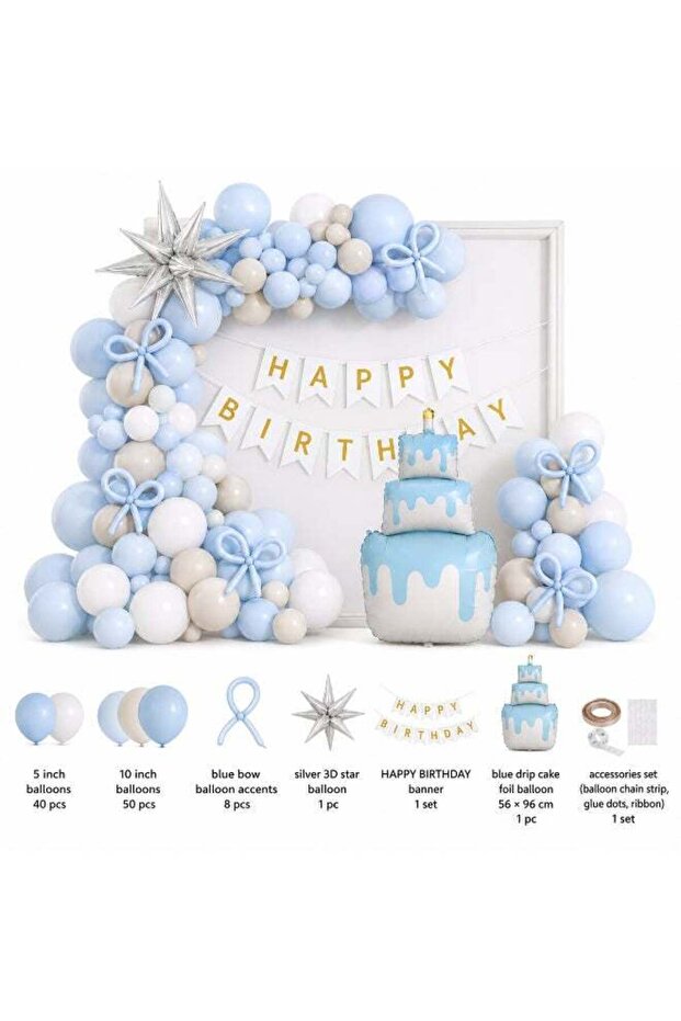 53 Pcs Blue Happy Birthday Full Party Decoration Combo Set with Balloon Garland, Paper Banner, Bow