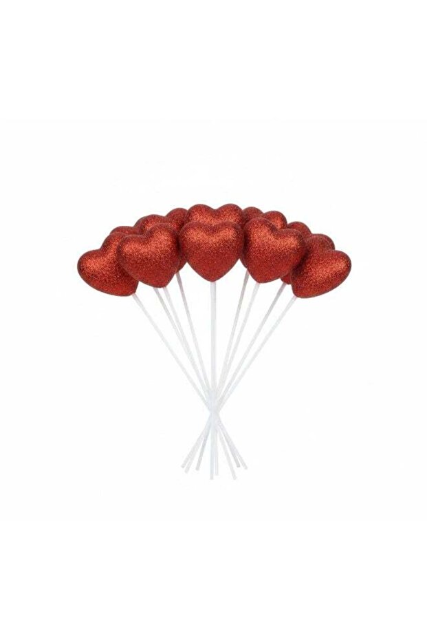 12 Piece Red Glitter Heart Stick Decoration Set – 6.5 CM Sparkling Heart Picks for Valentine’s Day