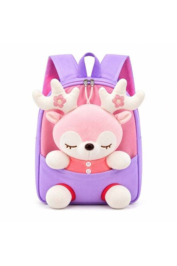 Kids Plush Backpack with Little Pink Deer Design, Purple Cuddly Toy Bag for Toddlers & Preschoolers