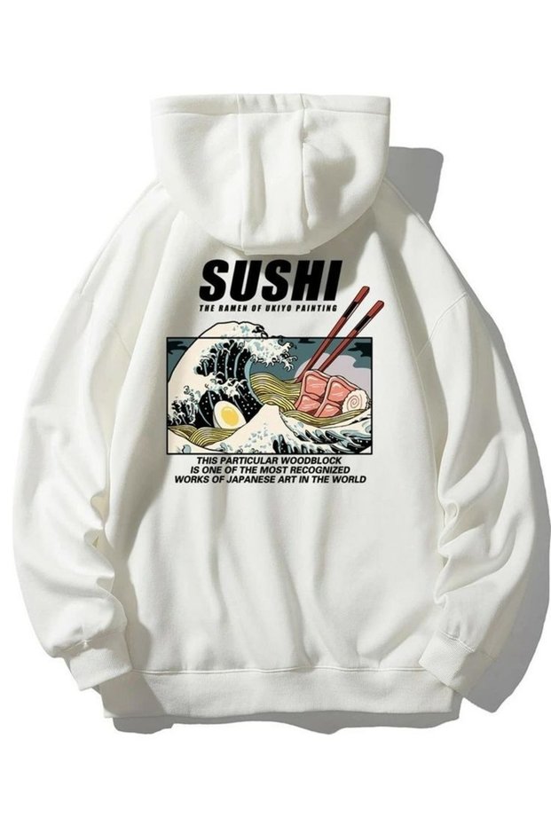 Sushi Design Printed Cotton 3 Thread Threaded Oversize Sweatshirt