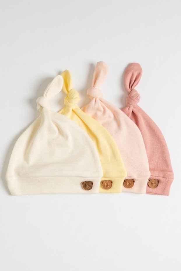 Unisex Baby Interlock Knotted Teddy Bear Emblem 100% Cotton Newborn Beanie Hat 0-6 Months Set of 4