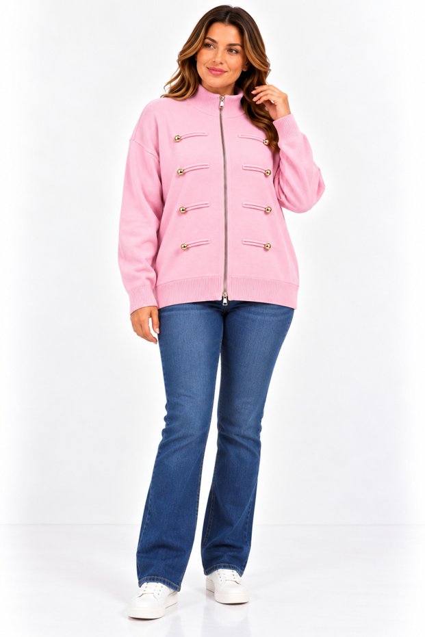 Plus Size Zippered Knitwear Cardigan with Button Accessories Pink