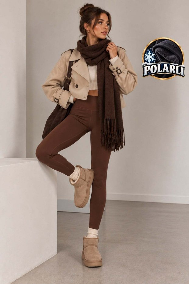 1060 Women's High Waist Gathering Tights with Fleece Inside for Winter, Premium Quality, Brown