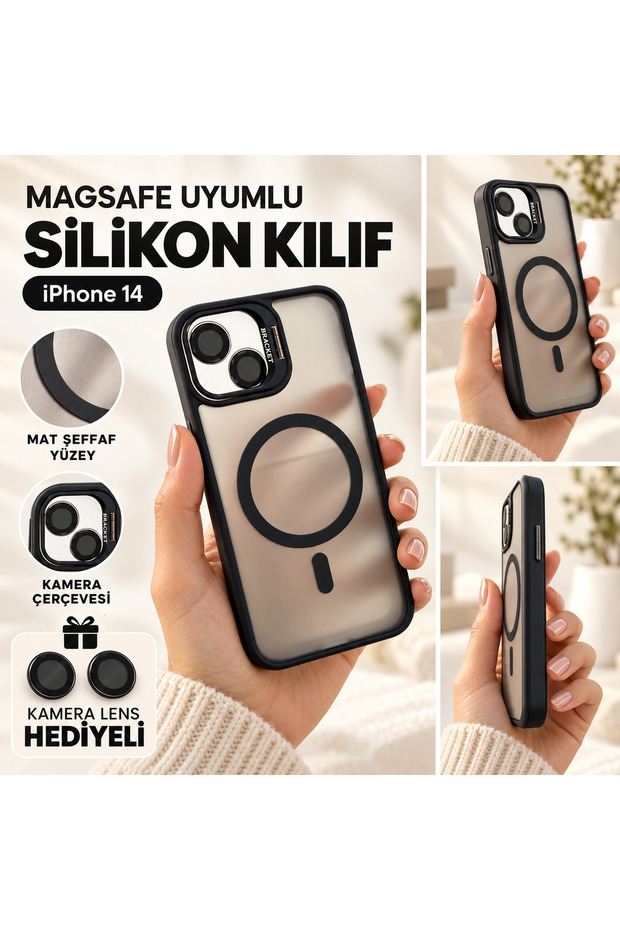 iPhone 14 Compatible Magsafe Ring Matte Transparent Silicone Case with Camera Lens Protector Gift Black
