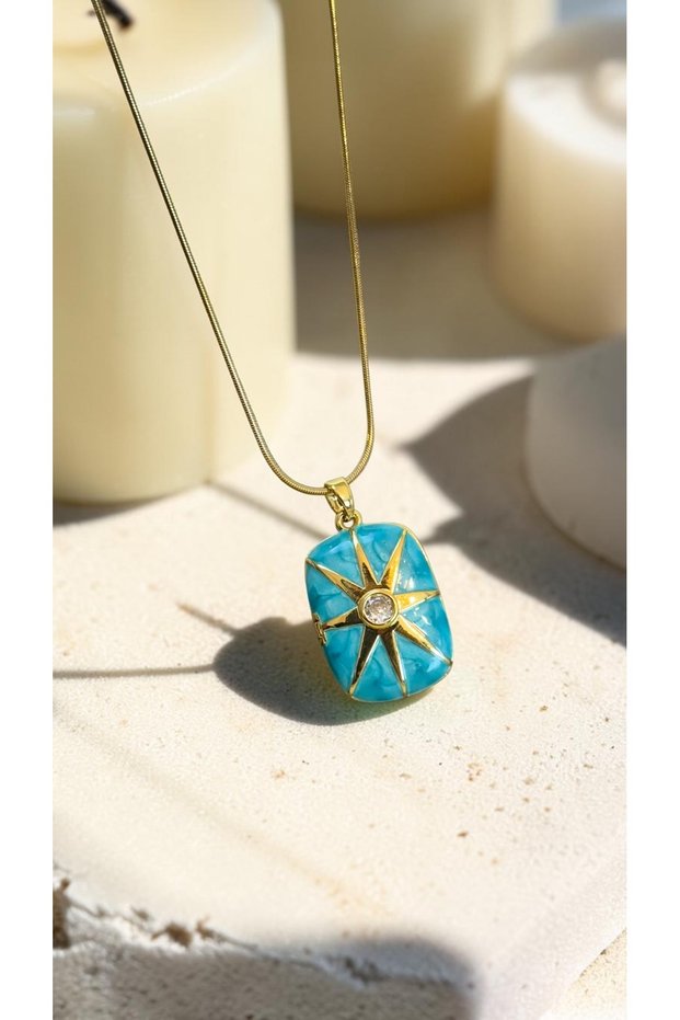 Single Stone - Rectangular Medallion Steel Necklace with Covered Polar Star Figure