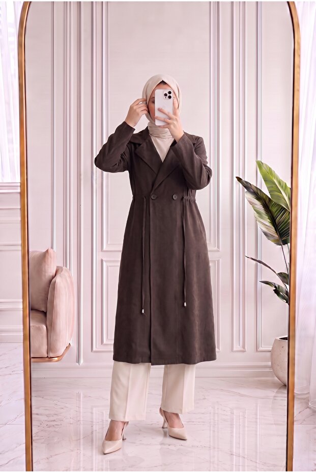 Mahidevran Waist Drawstring Double Button Cap-Ek1123 Brown