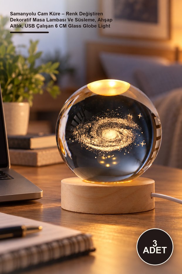 3 Pieces of Milky Way Glass Globe – Color-Changing Decorative Table Lamp and Ornament, Wooden Base, USB Powered 6 cm Glass Globe Light
