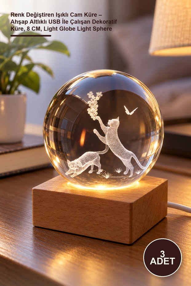 3 Color Changing Lighted Glass Globes – USB Powered Decorative Globe with Wooden Base, 8 Cm, Light Globe Light Sphere