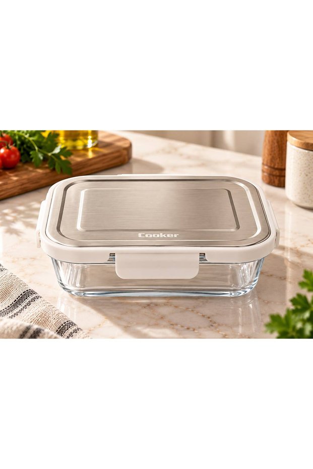 1500 ml Glass Storage Container with Steel Lid and Locking Food Storage Container - White