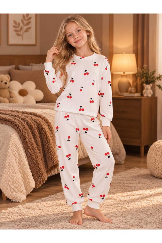 Girl Cotton Soft Cherry Print Long Sleeve Pajama Set