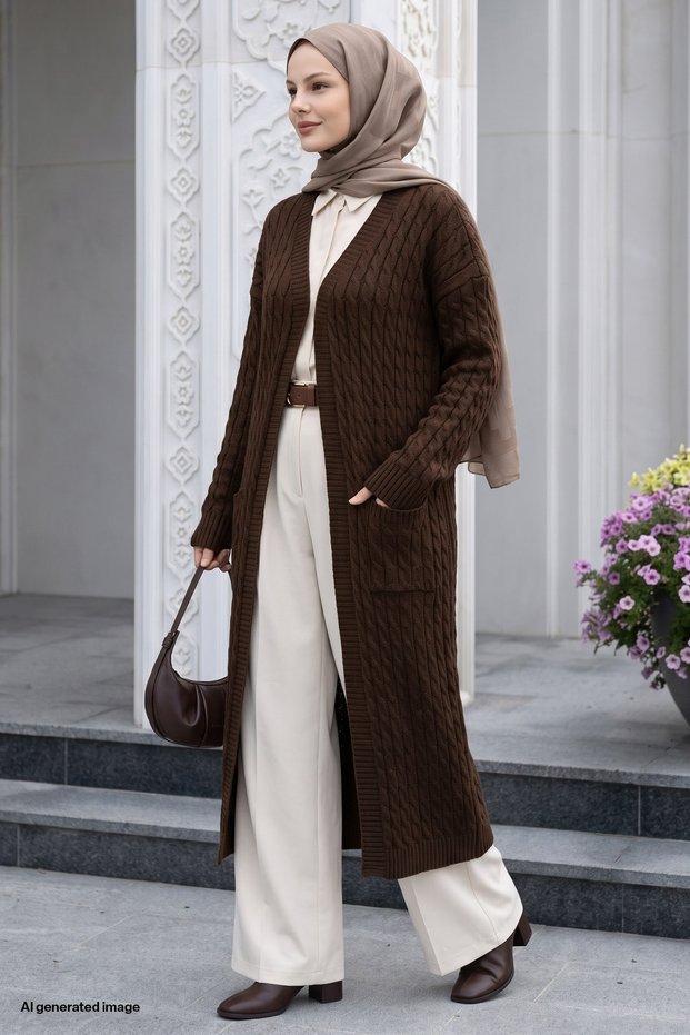 Knitted Pattern Long Bitter Brown Knitwear Cardigan