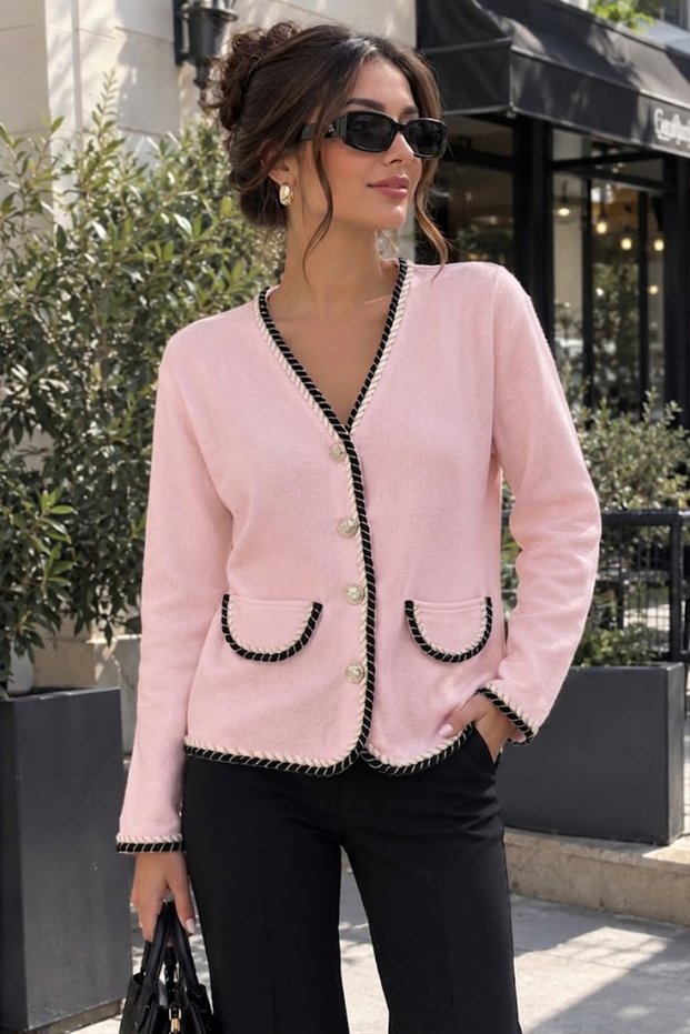Gold Buttoned Belted Women's Cardigan