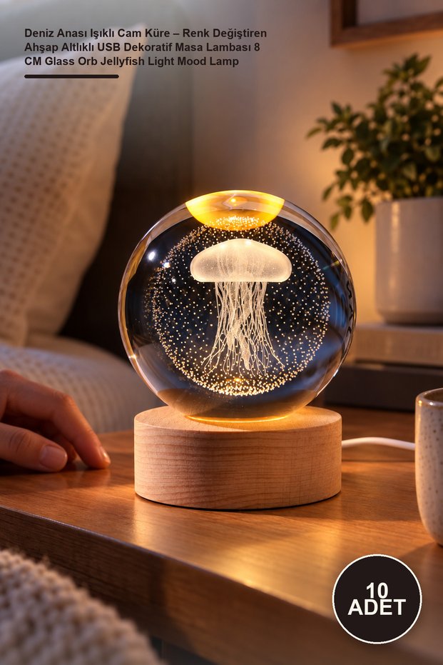 10 Pieces of Jellyfish Illuminated Glass Globe – Color Changing USB Decorative Table Lamp with Wooden Base 8 cm Glass Orb Jellyfish Light Mood Lamp