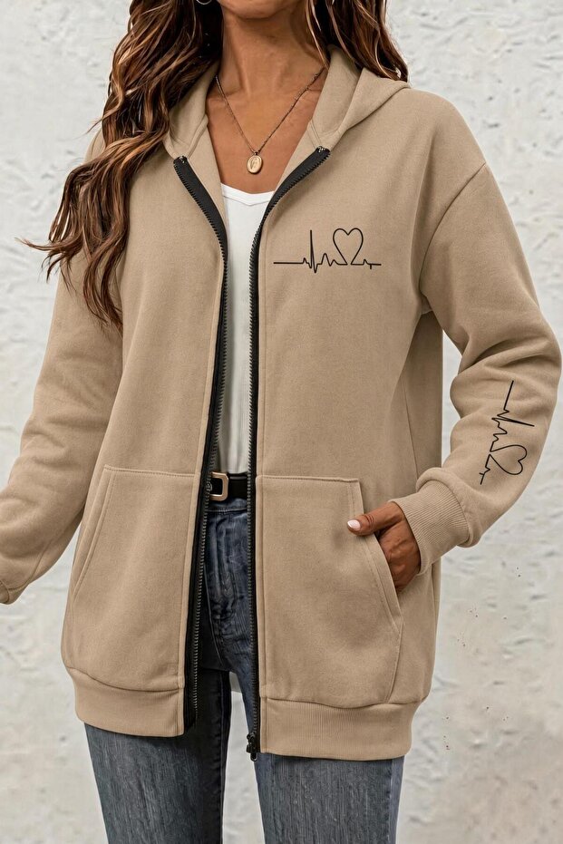 Fr Heart Rhythm Printed Two-Thread Zipper Hooded Sweatshirt Cardigan - Oversized Pocket Casual Sports Jacket