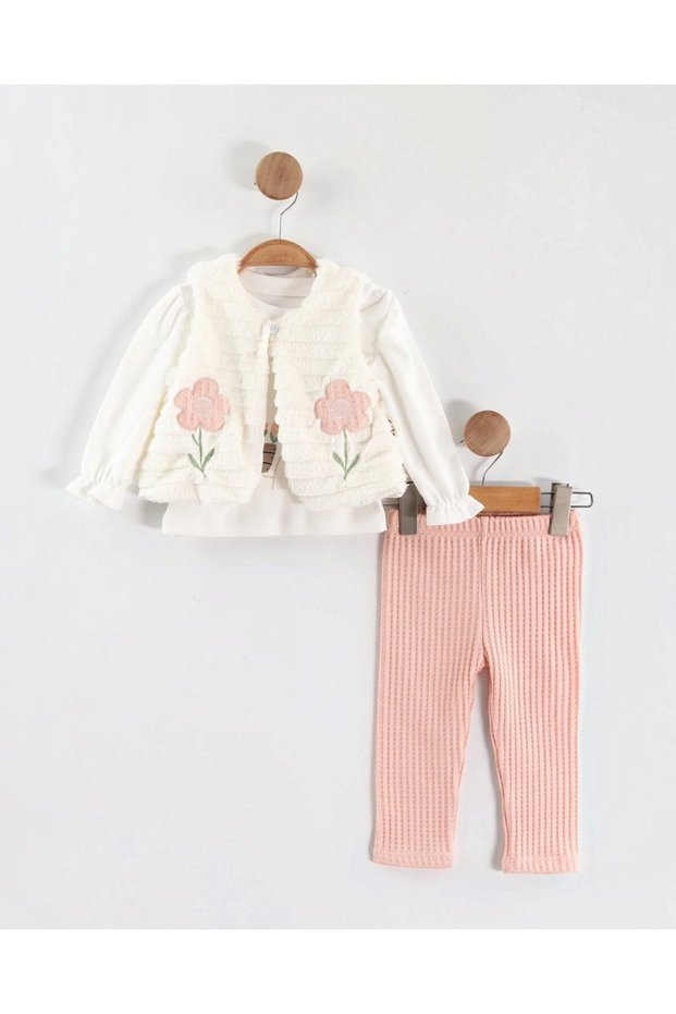 Baby Girl Set with Waffle Pants, Plush Vest and Badili for 1-2-3 Years Old, Stylish Baby Girl Set