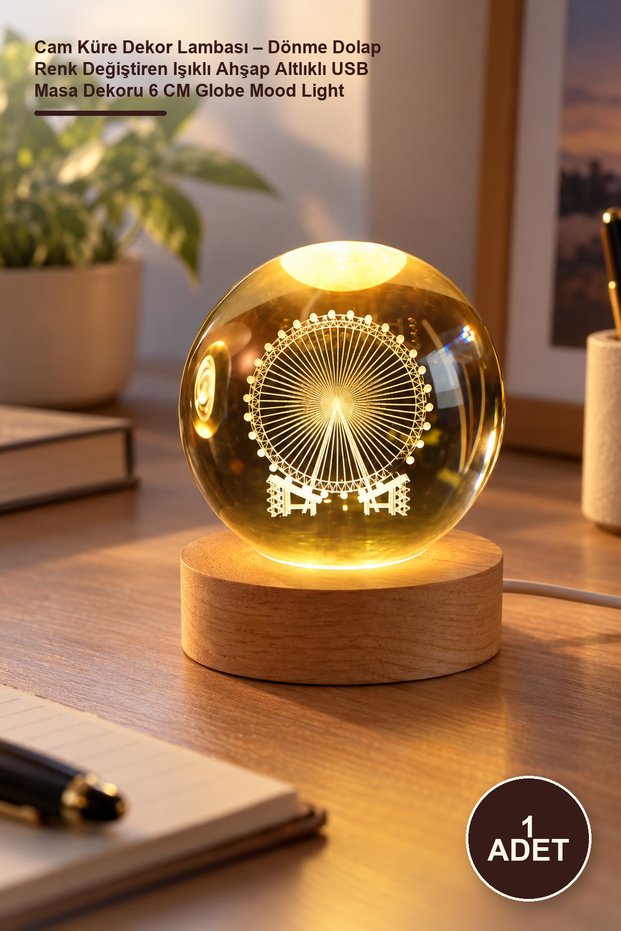 1 Piece Glass Globe Decor Lamp – Ferris Wheel Color Changing Light with Wooden Base USB Table Decoration 6 cm Globe Mood Light