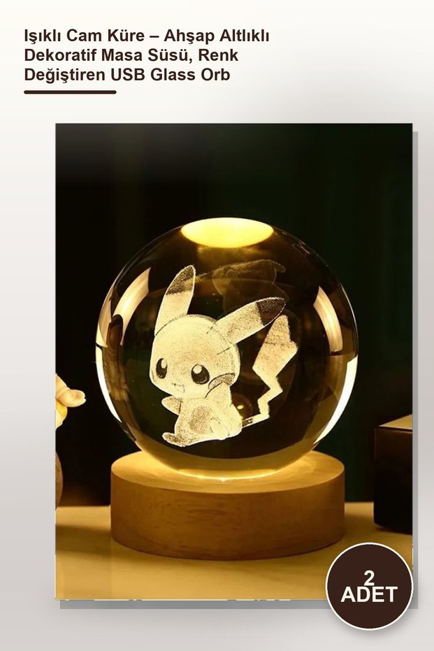 2 Pieces of Lighted Glass Globes – Decorative Table Ornament with Wooden Base, Color Changing USB Glass Orb