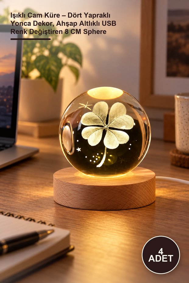 4 Lighted Glass Globes – Four-Leaf Clover Decoration, USB Color-Changing 8 cm Sphere with Wooden Base