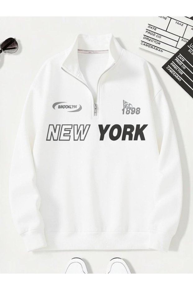 Unisex Women's - Men's New York Printed Half Zipper Oversize 3 Thread Sweatshirt