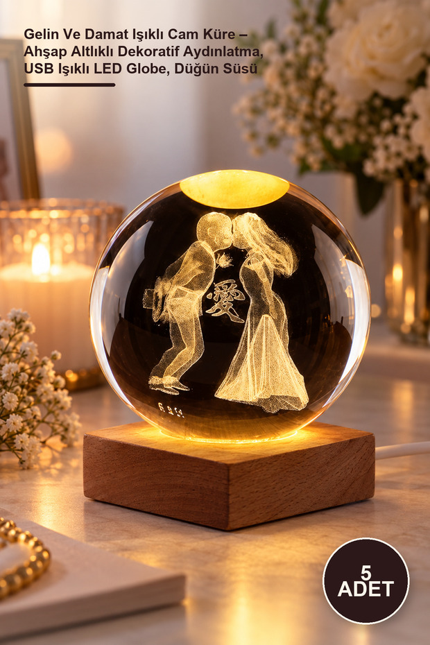 5 Pieces of Bride and Groom Lighted Glass Globes – Decorative Lighting with Wooden Base, USB Lighted Led Globe, Wedding Ornament