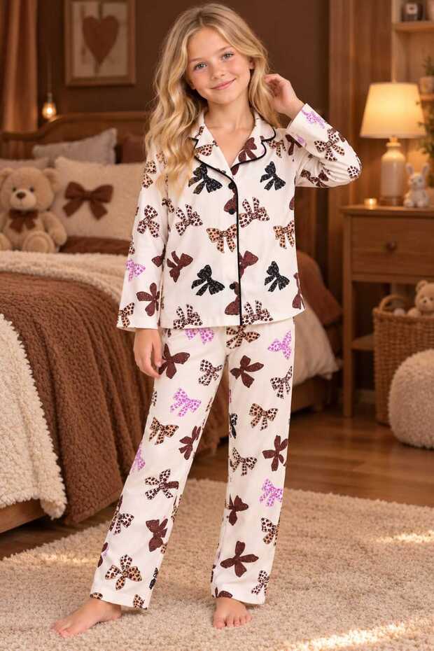 Girl Child Cotton Ribbon Patterned Beige Color Long Sleeve Buttoned Pajama Set