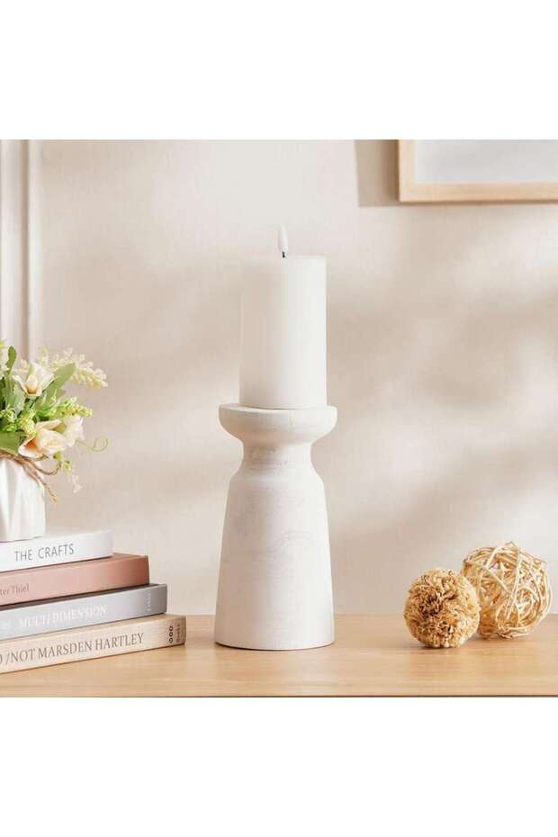 Alida Wooden Pillar Candle Holder 10x20cm - White - 112AIC9902887
