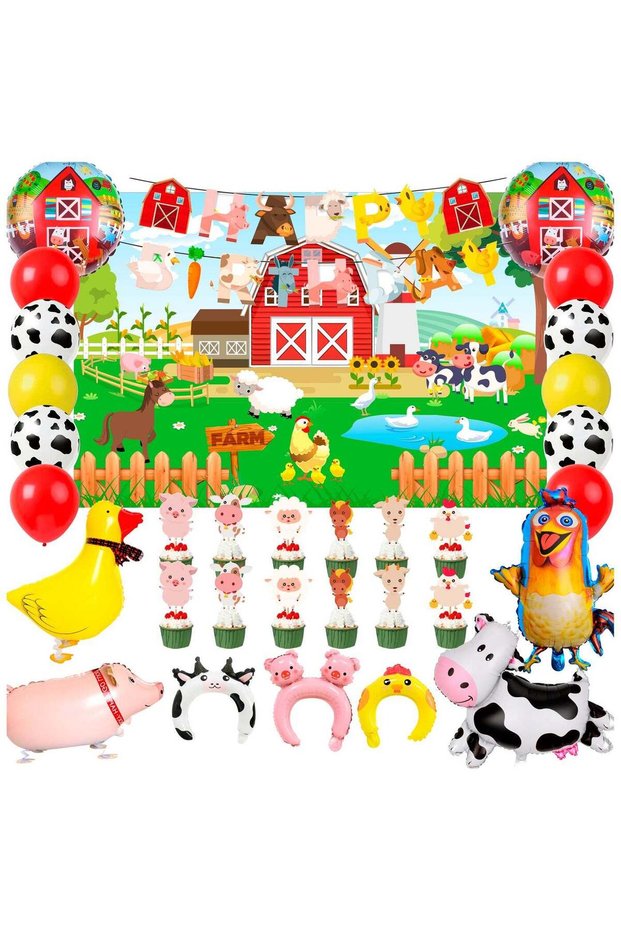 50pcs Farm Animal Birthday Decorations, Including Farm Animal Balloons Backdrop Cupcake Toppers Hea