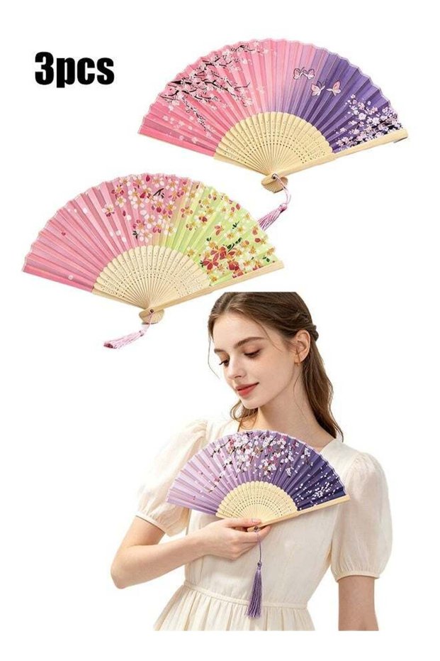 3 Pcs Floral Folding Hand Fans Chinese Style Bamboo Folding Fan Handheld Fabric Folding Fan with Ta