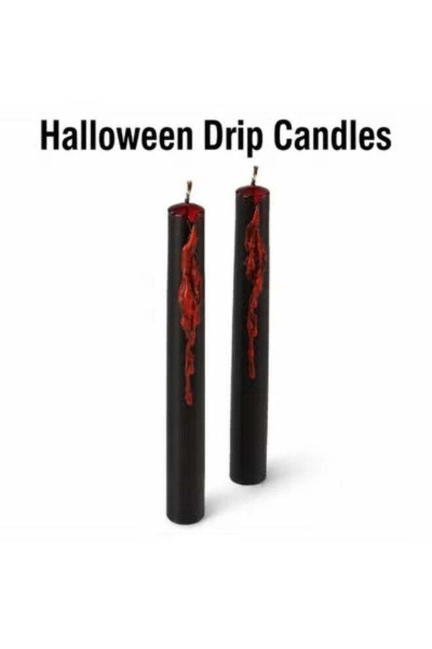 Halloween Flameless LED Taper Candles, Black with Red Drip Effect, Real Wax, 25cm, 2-Pack