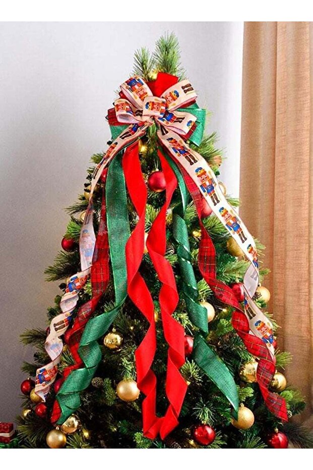 Christmas Tree Topper Bow Wreath, 49x12 Inches Large Red Green Dot Stripes Gift Bow for Xmas Orname