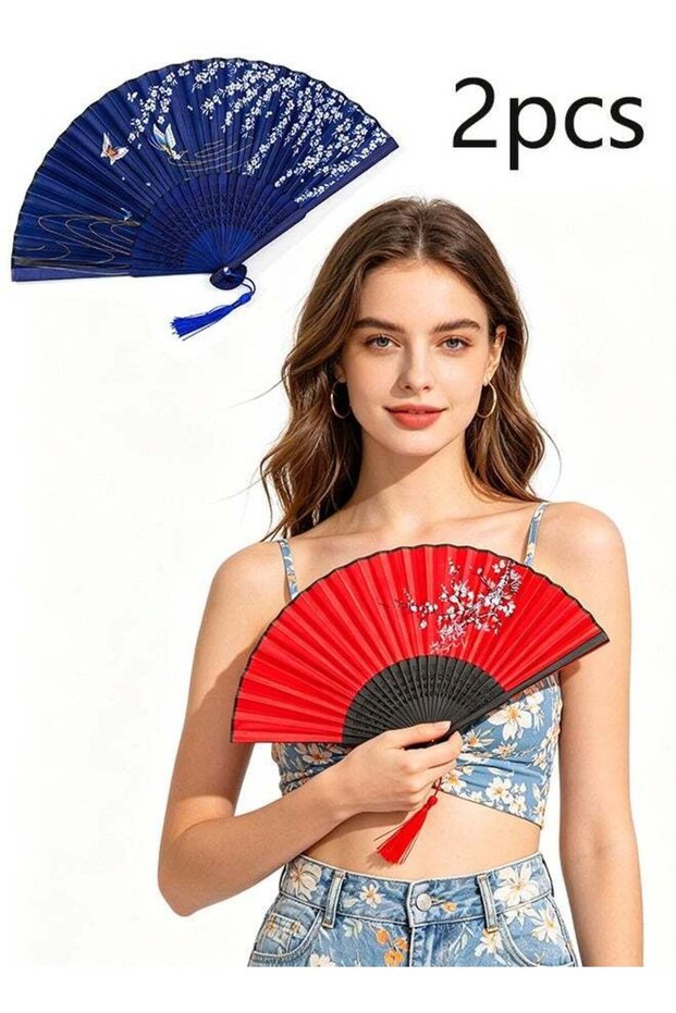 2Pcs Folding Fans,Foldable Bamboo Fans, Hand Fan for Women, Silk Fabric Handheld Folded Fan, Chines