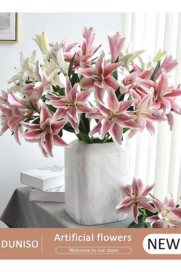 Artifical Lily Flowers, Long Stem Artificial Stargazer Lilies with 2Heads Full Bloom Lily & 1 Buds-