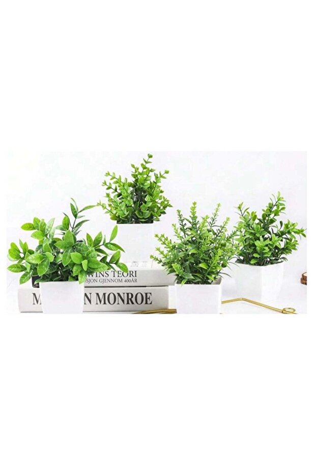 4 Pcs Artificial Green Plant With White Pot