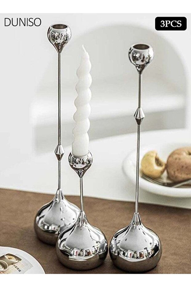 3 Pieces of Silver Metal Taper Candle Holders Set, Modern Tall Candlestick Holders, Elegant Candle