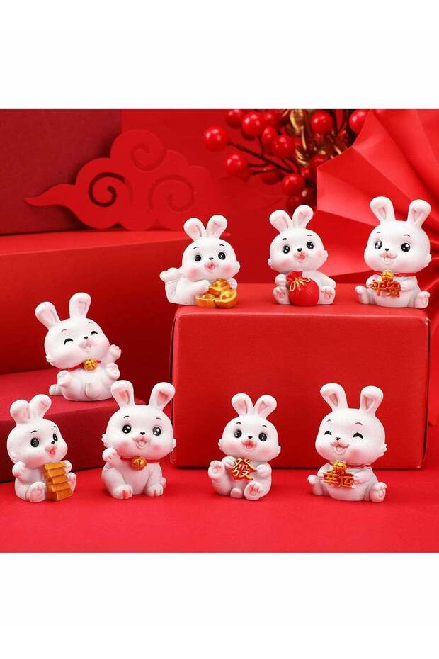 8 Miniature Rabbit Figures Resin Chinese Zodiac Year Rabbit Statues Lucky Bunny Desk Ornaments for