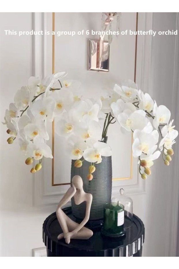 6-Piece Artificial White Butterfly Orchid Stems Set – Premium Real-Touch Phalaenopsis Silk Flowers